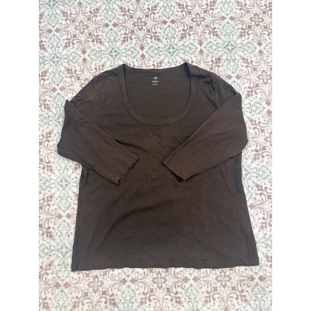 Caslon Womens 2X Brown 100% Cotton Scoop Neck 3/4 Sleeve Top T-Shirt